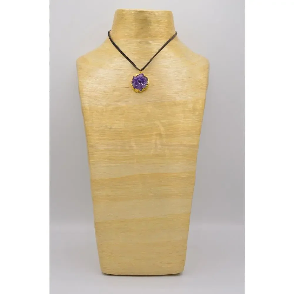Calinana Handmade USA Necklace Pendant Geode Purple Stone Brushed Gold Bin3D